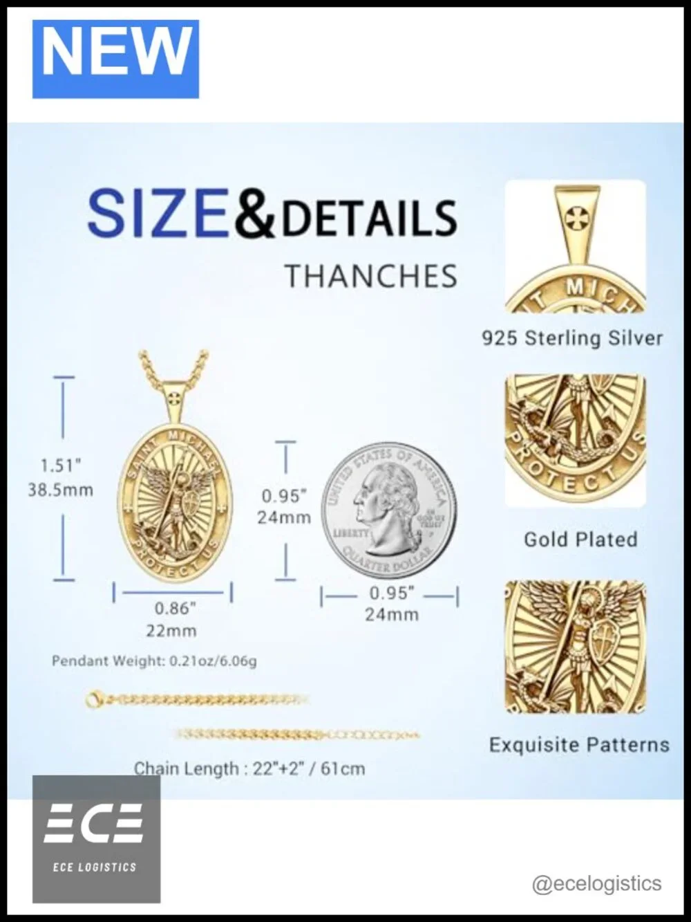 St Michael Pendant Necklace 18K Gold Plated S925 Sterling Silver 22in